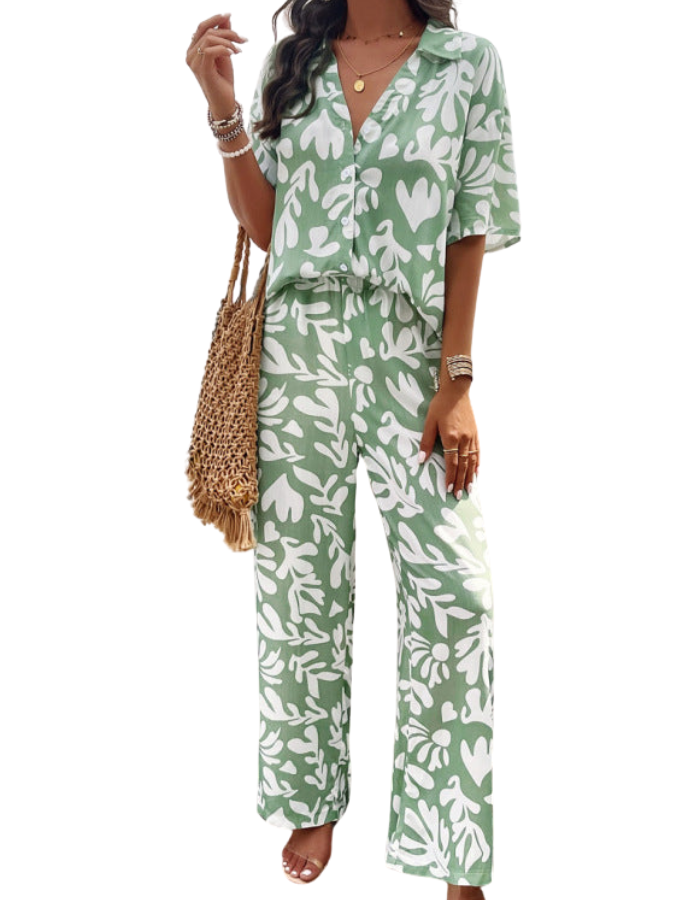 SHOPIQAT Elegant Printed Short-Sleeved Trousers Two-Piece Suit - Premium from shopiqat - Just $12.750! Shop now at shopiqat
